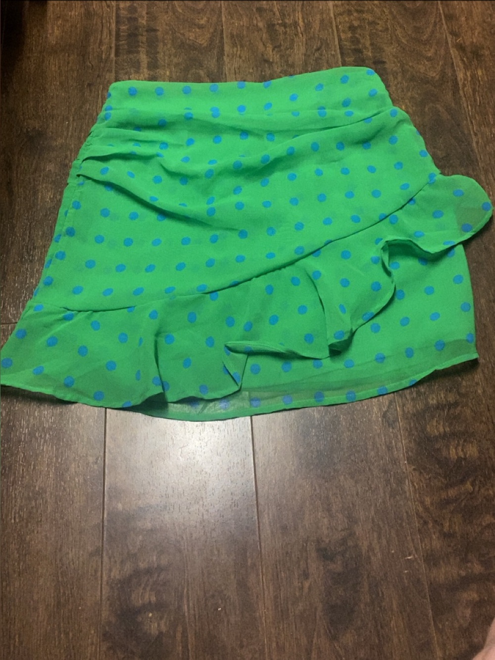 Mango Bright Green Mini Skirt with Blue Polka Dots